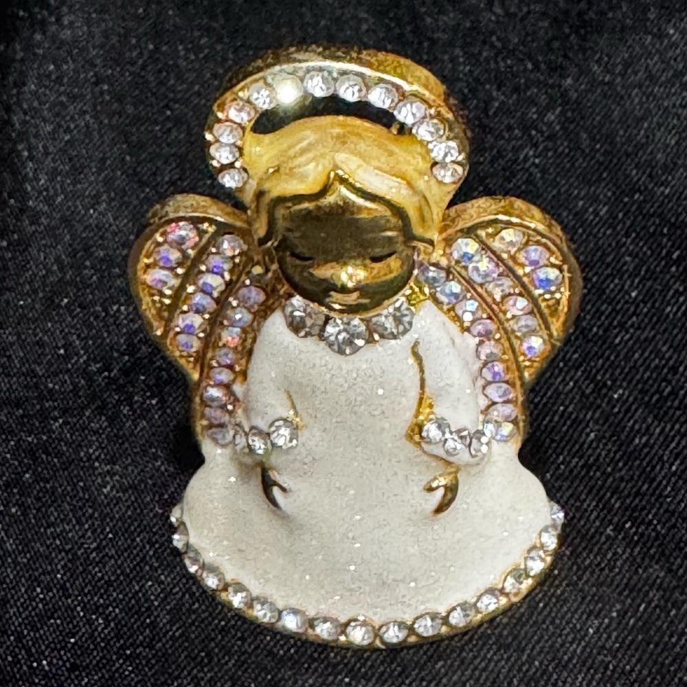 Vintage Beautiful Angel Aurora BOREALIS Brooch Gold Tone White Enamel PinVintage